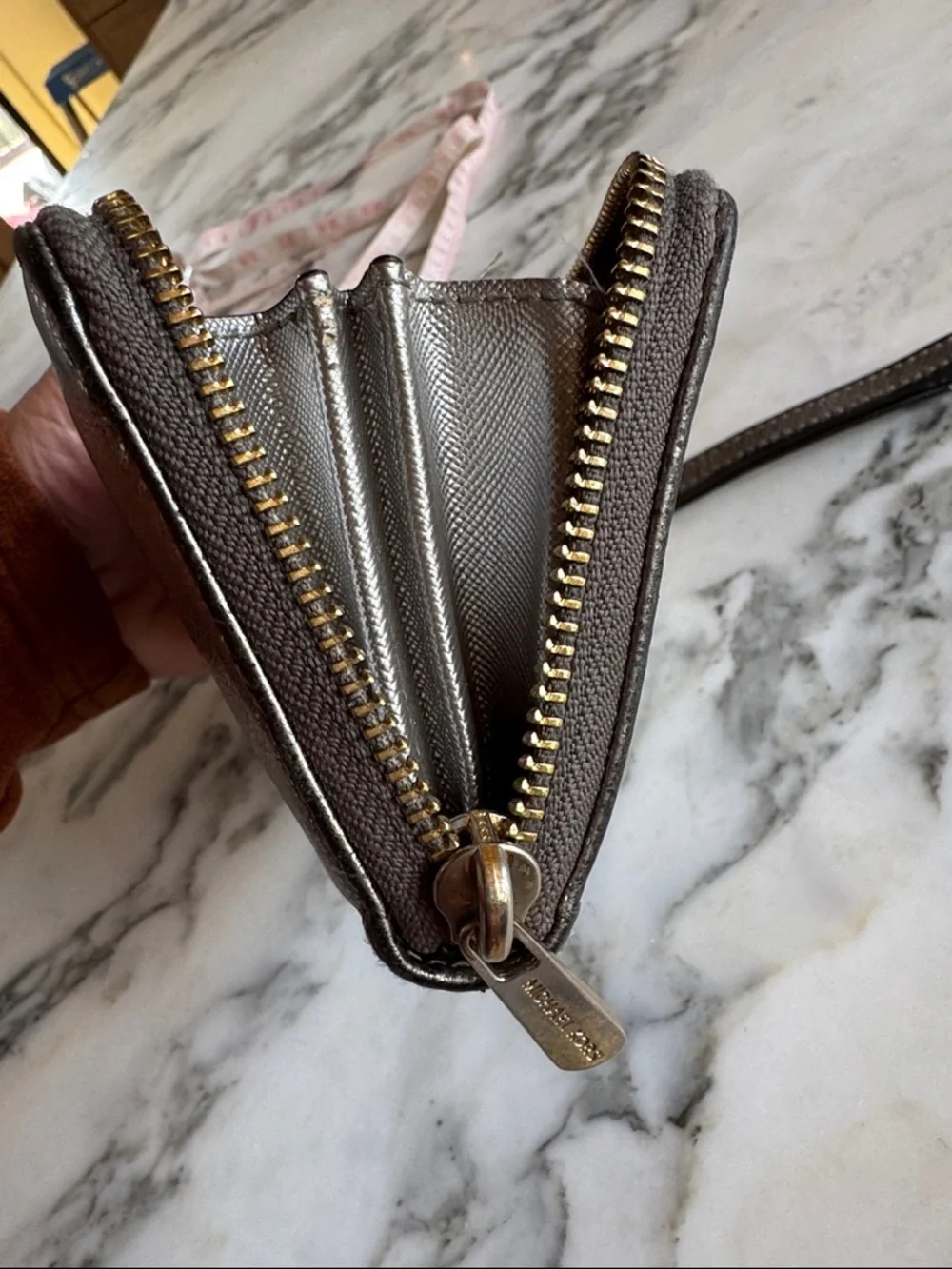 Michael Kors Metallic Pewter Leather Zip Around Wristlet Wallet Gold Hardware